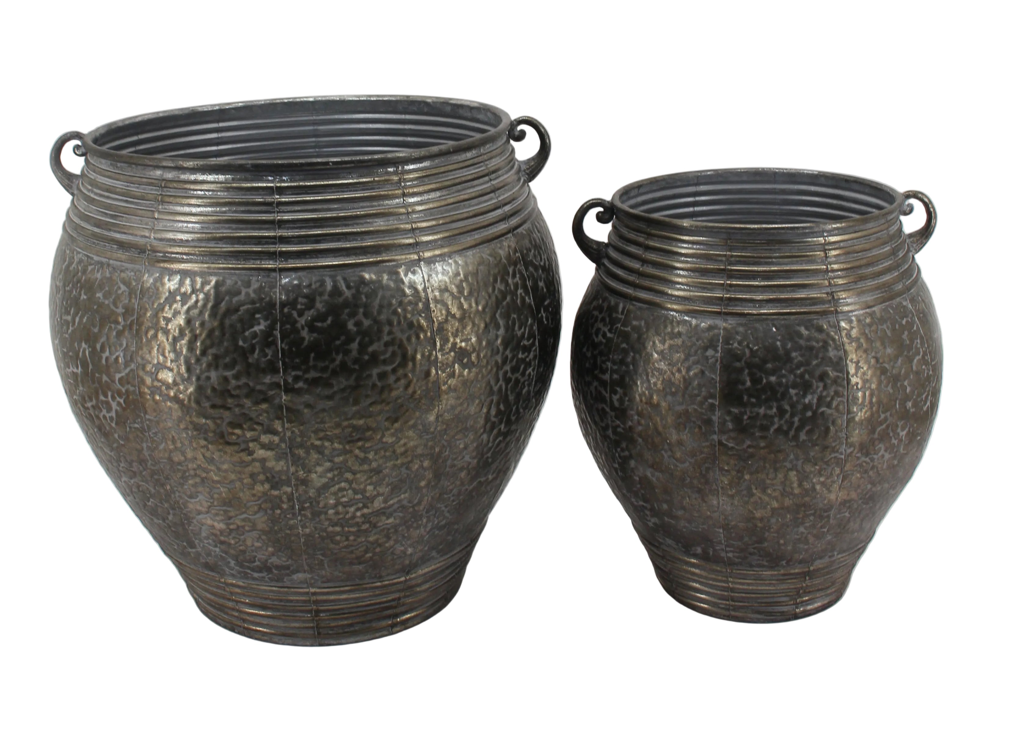 Two metallic pots with ribbed design on a white background