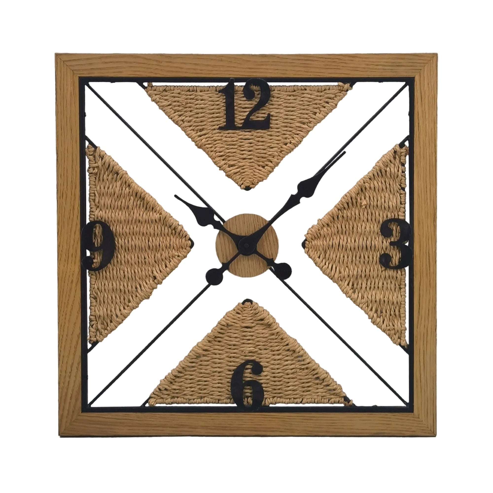 A wall-mounted wooden clock with a white rope-like border and black numbers.