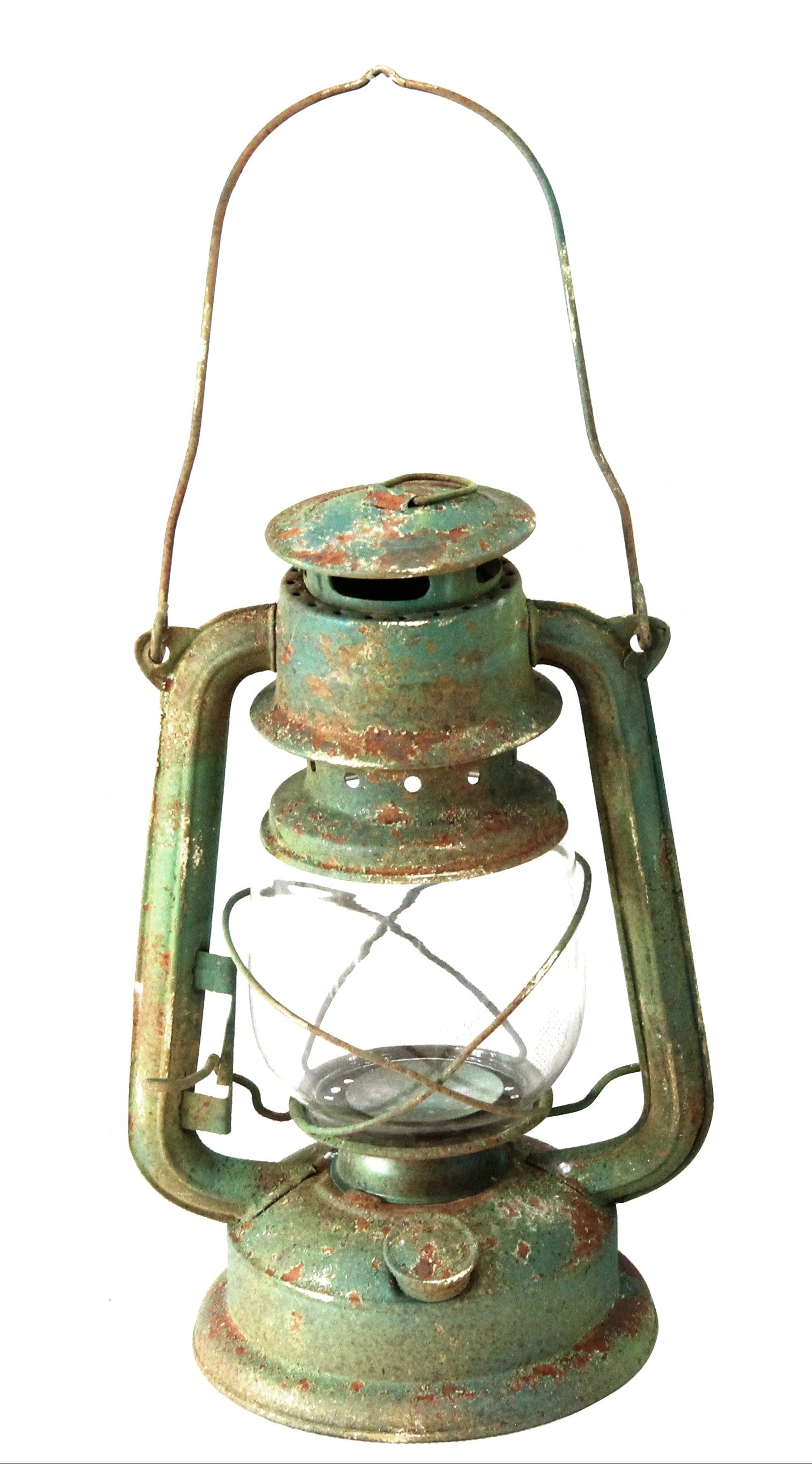 A vintage-style metal lantern with a distressed green and brown patina, clear glass window, and curved metal handle.