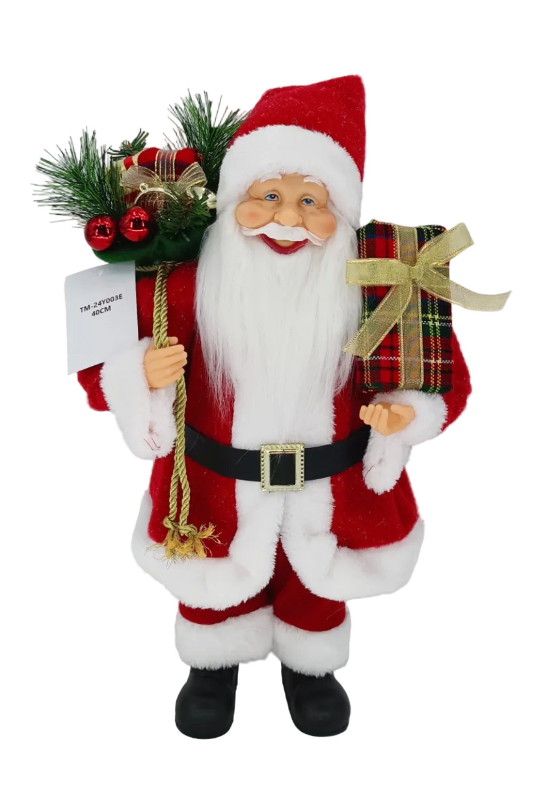 A plush Santa Claus figure in red and white, holding a Christmas tree in a sack and a present.