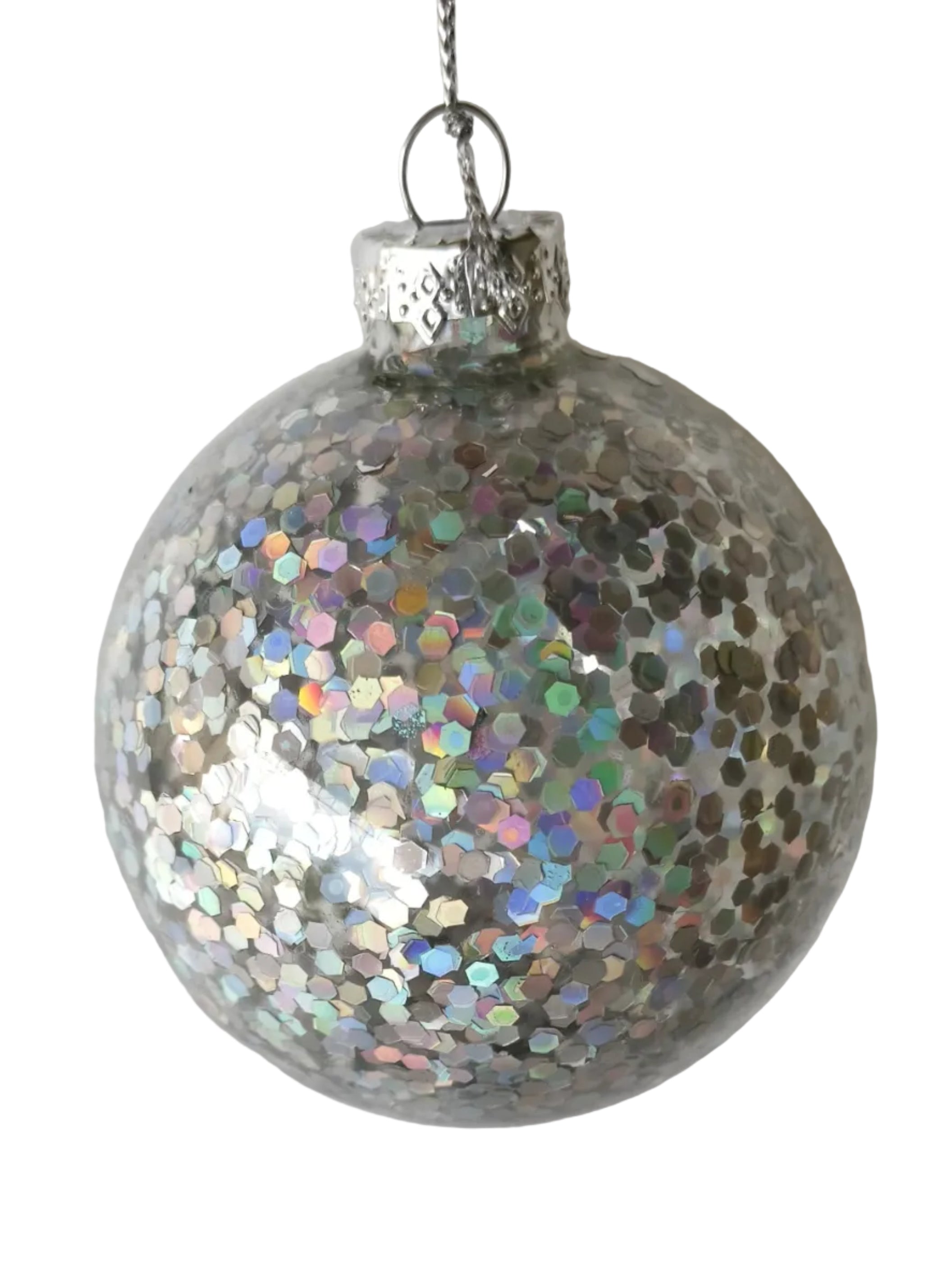 S/4 SILVER GLITTER GLASS BALLS 8CM