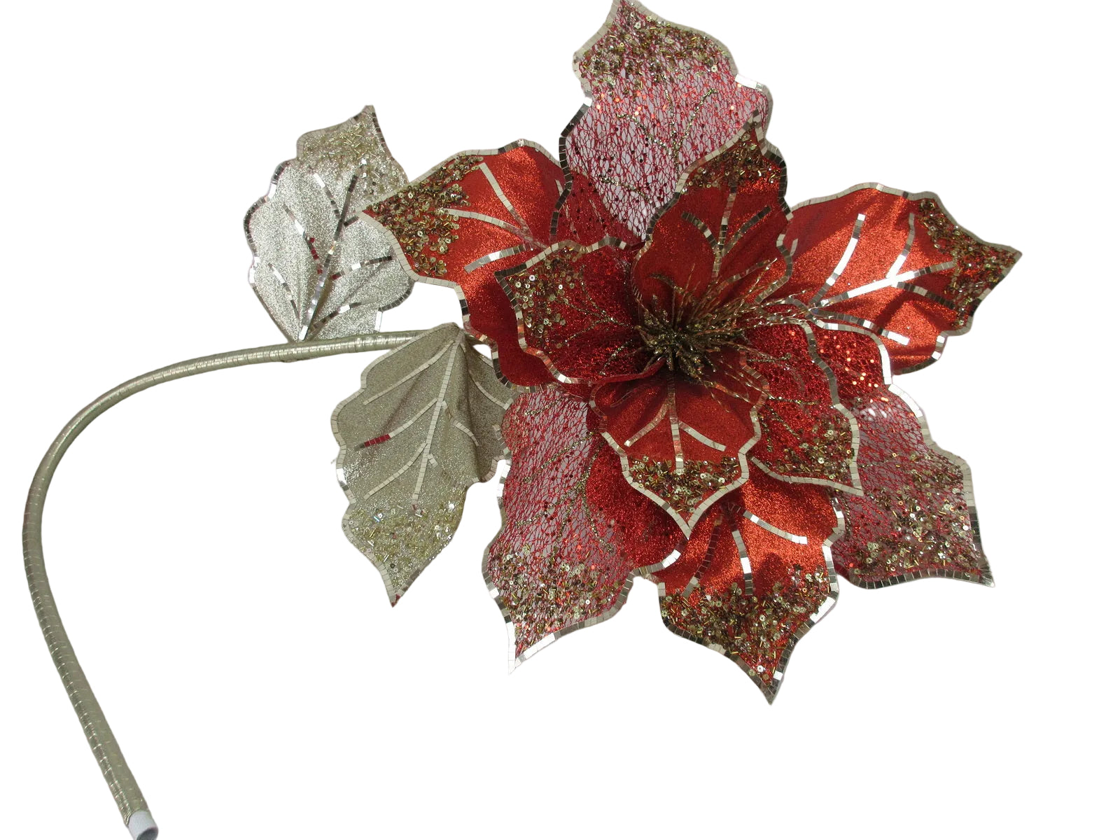 A decorative artificial poinsettia-style flower with glittery red petals outlined in metallic gold, attached to a gold wire stem with gold leaves.