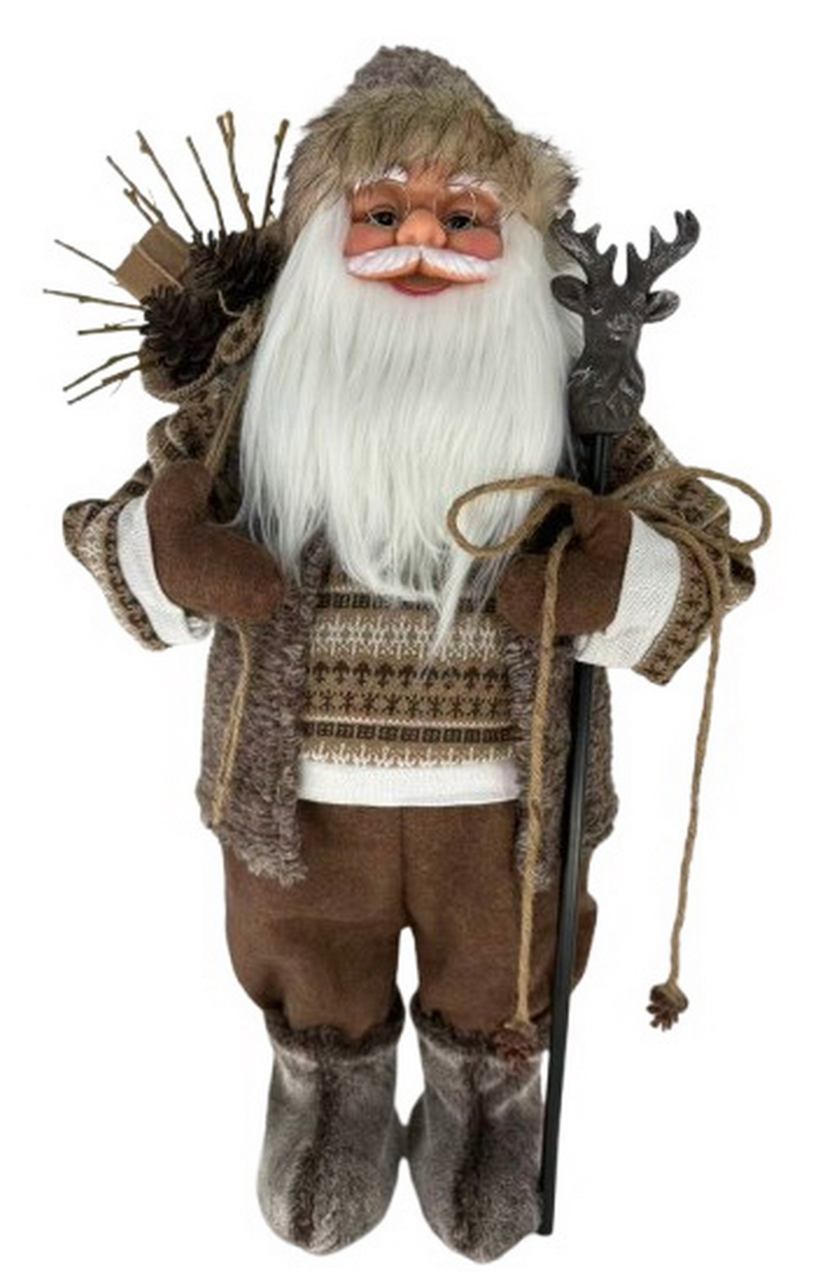 A Santa Claus holiday decoration figure with a long white beard, brown fur-trimmed clothing, a patterned sweater, brown boots, and a reindeer antler staff.
