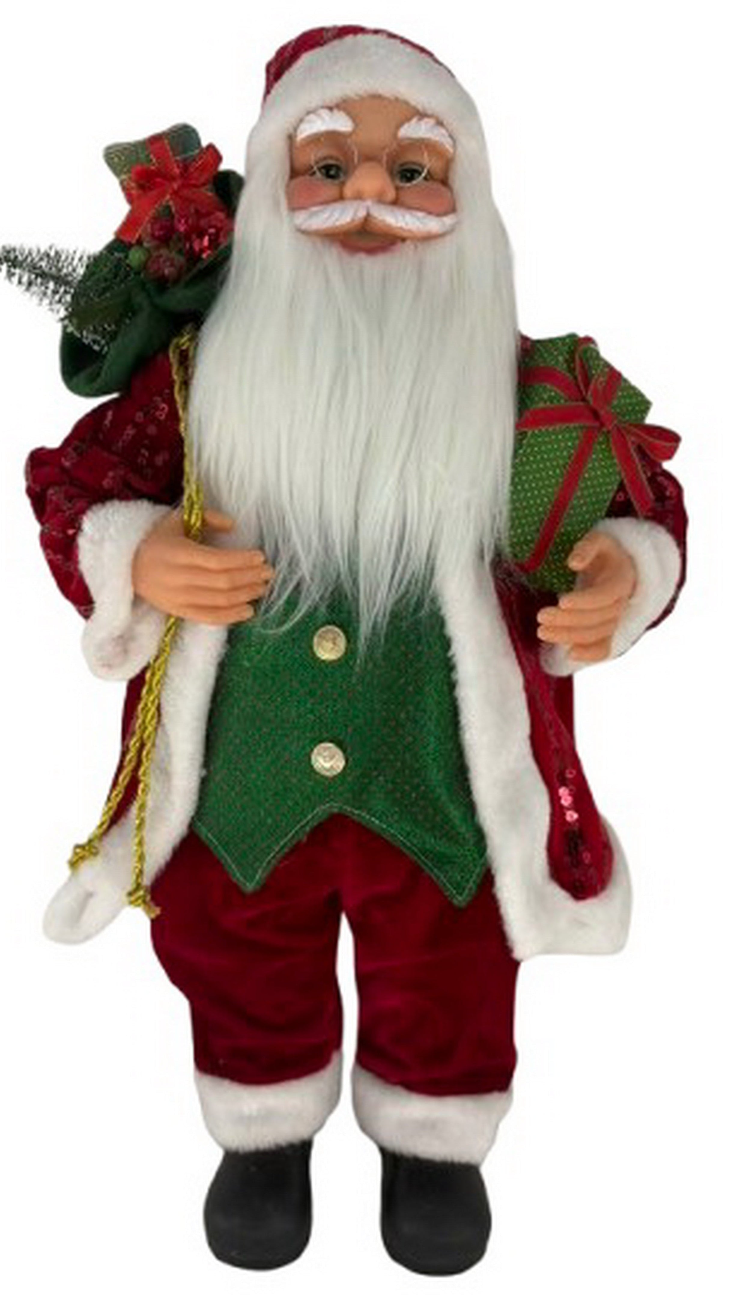 A Santa Claus figurine with a long white beard, red and green outfit, white trim, black boots, and a green gift sack.