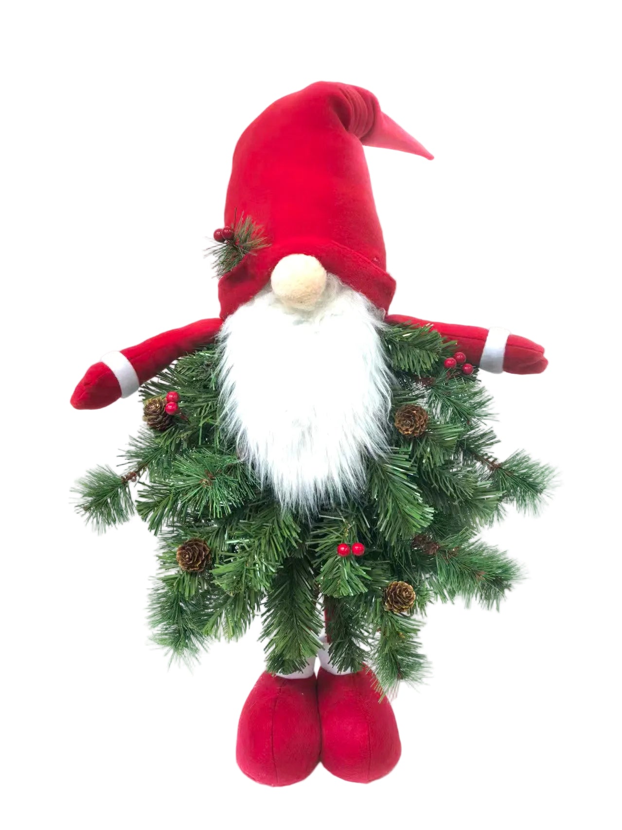 A Christmas gnome doll with a red hat, red sleeves and boots, a white faux-fur beard, and a green pine tree body decorated with pinecones and small red berries.