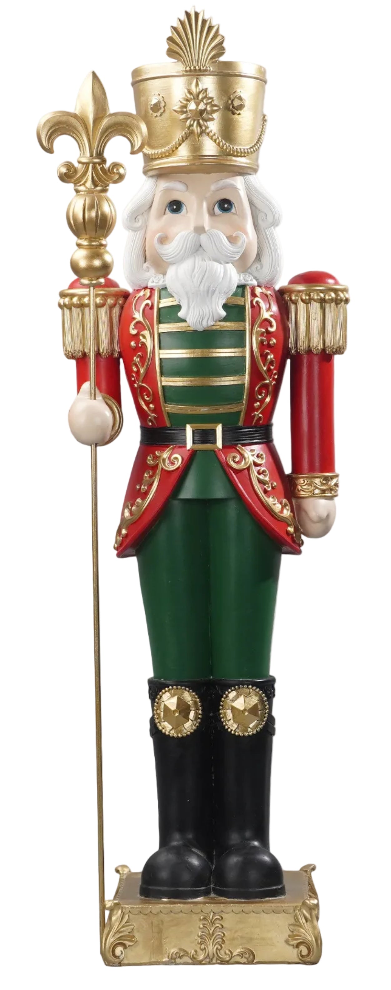 A traditional Christmas nutcracker figurine standing on a gold-colored base, wearing a green and red uniform with gold trim, black boots, and holding a gold scepter.