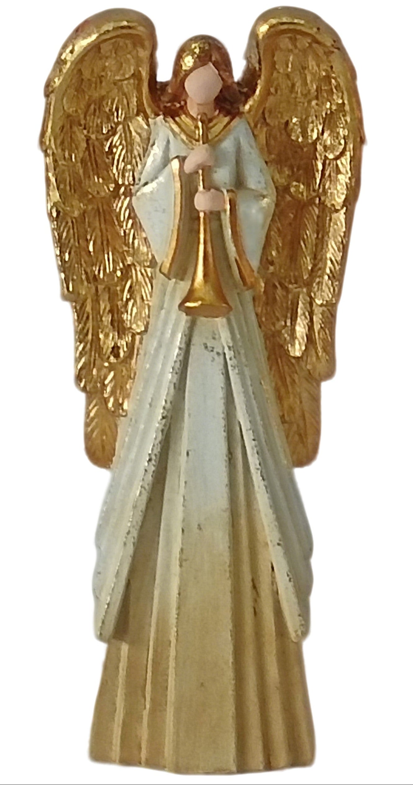 Gold and white angel figurine holding a trumpet.