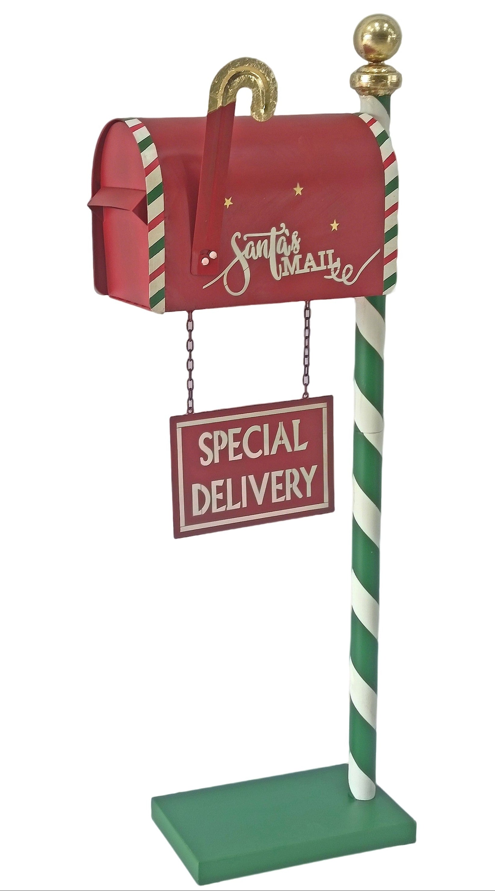 A decorative holiday mailbox stand with a red mailbox labeled 'Santa's Creche,' a green-and-white striped pole, a green base, and a hanging 'Special Delivery' sign.