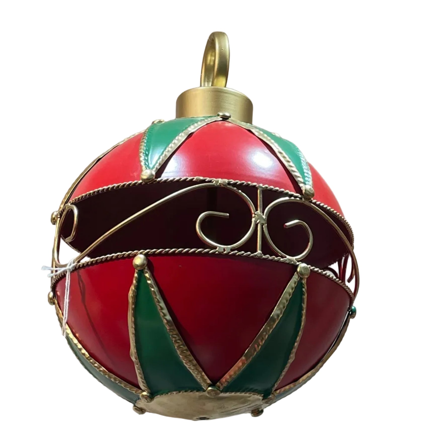 Red, green, and black Christmas hanging ornaments with gold trim, with scroll design in the middle of ball