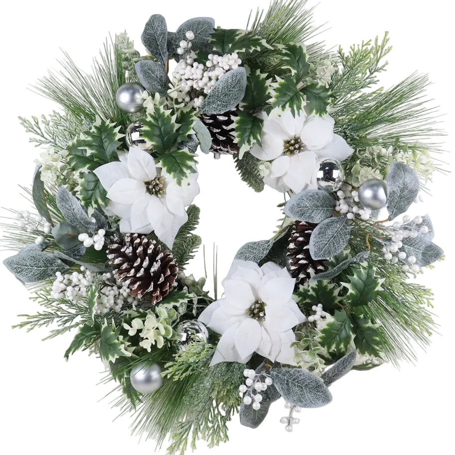 Decorative Christmas wreath with greenery, white poinsettia flowers, white frosted pinecones, and silver ornaments.