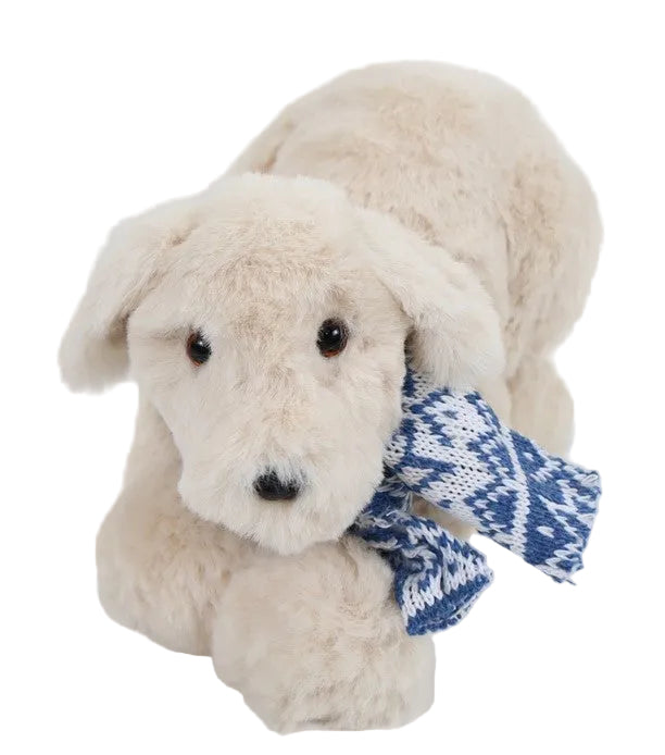 A plush toy depicting a lying dog wearing a blue and white Christmas scarf.