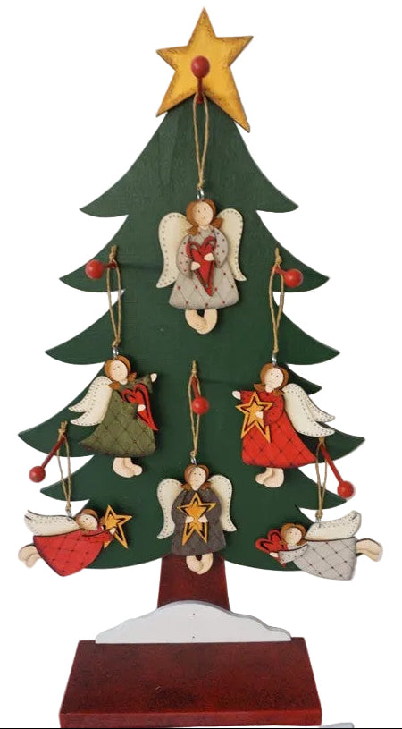 A wooden display tree with angels ornaments in various sizes, designed for holiday decorations.