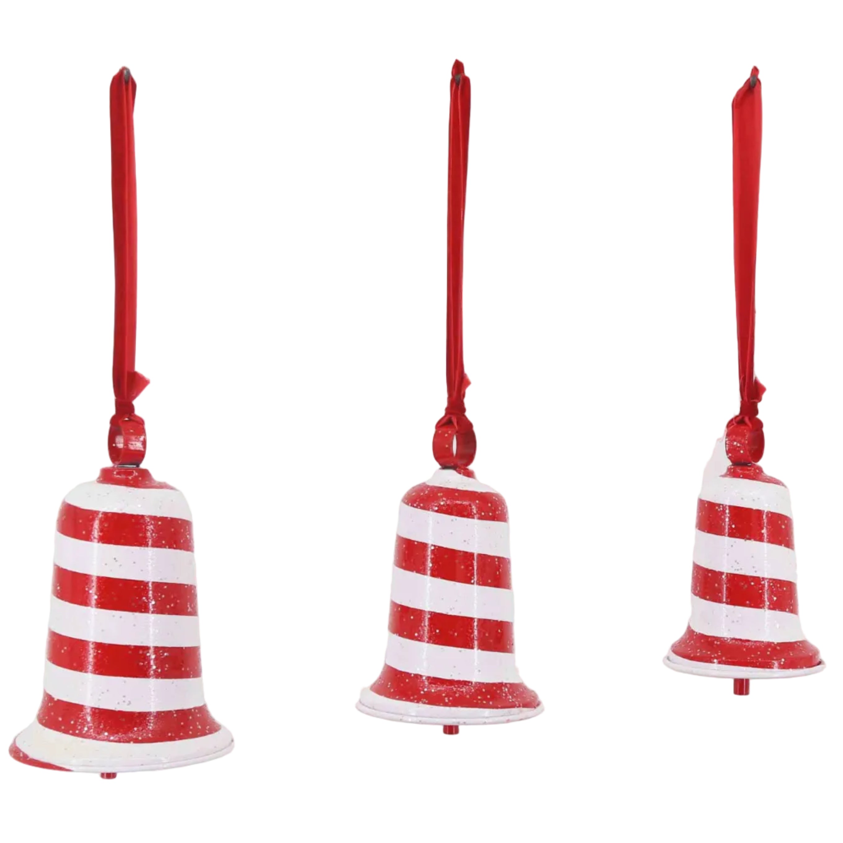 Three red and white striped bell-shaped Christmas ornaments with red hanging ribbons.