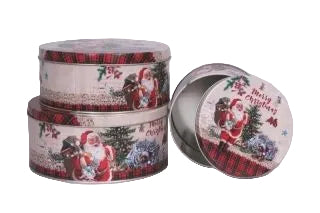 Three round metal tins with Christmas-themed printed lids, featuring Santa Claus and plaid patterns