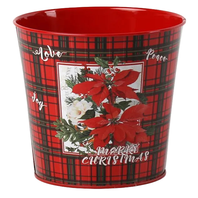 A red and black plaid metal pott with a festive Christmas design featuring red poinsettias, green holly leaves, white snowflakes, and 'Merry Christmas' script.