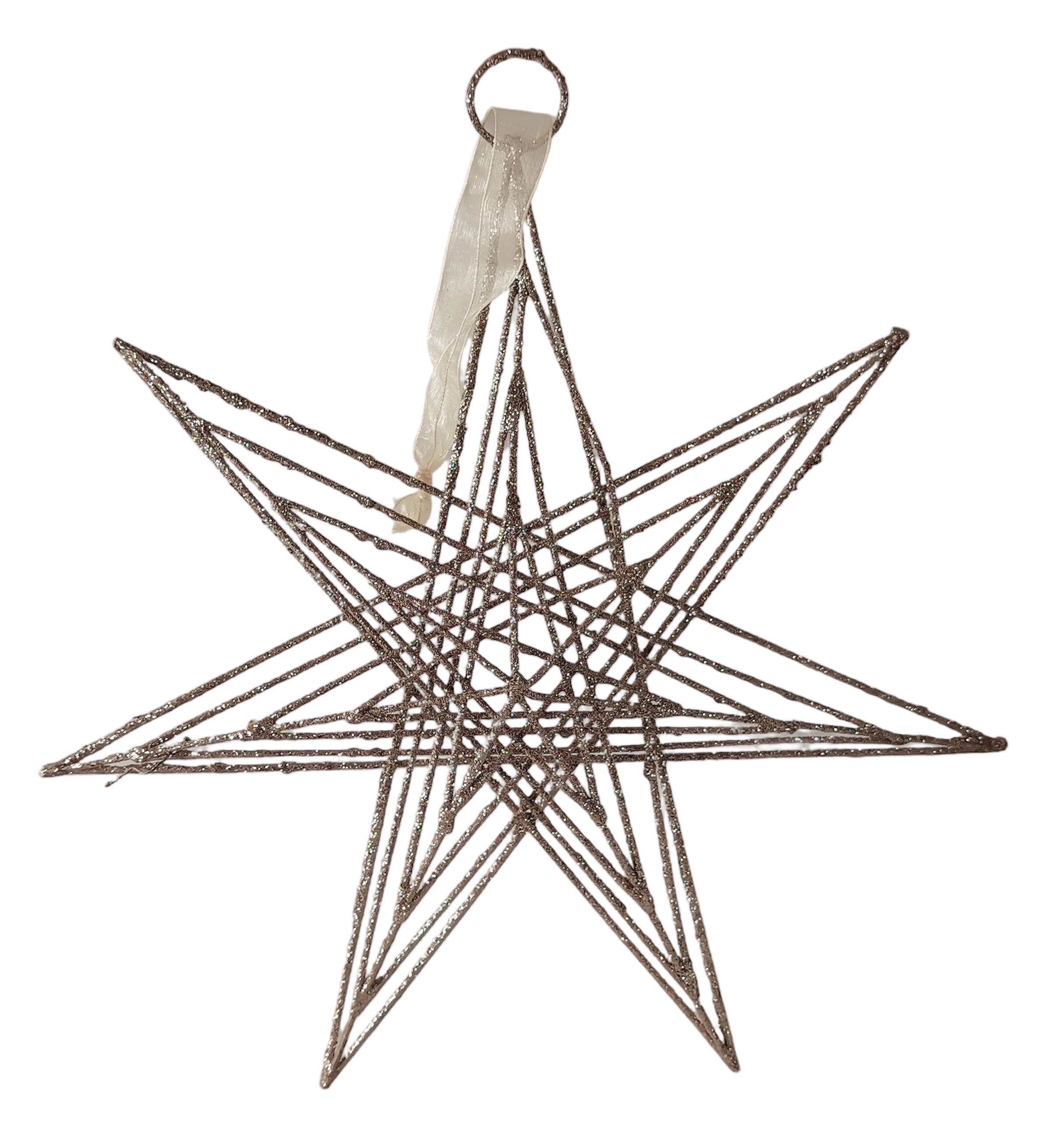 A gold-colored three-dimensional star-shaped holiday ornament with a loop for hanging