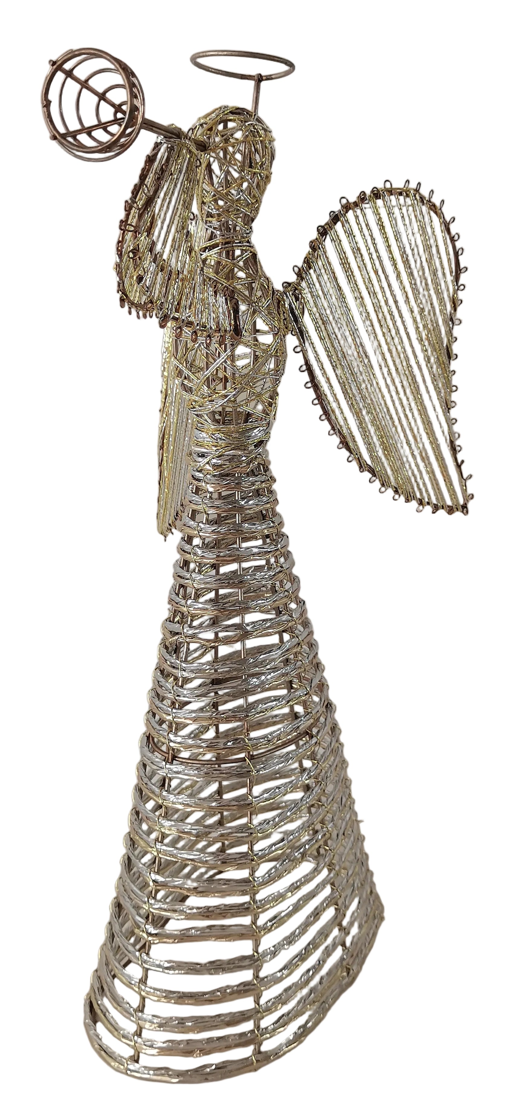 A gold roped angel ornament designed for display, featuring a series of cascading hoops forming the angel's body with a spherical head and wings.