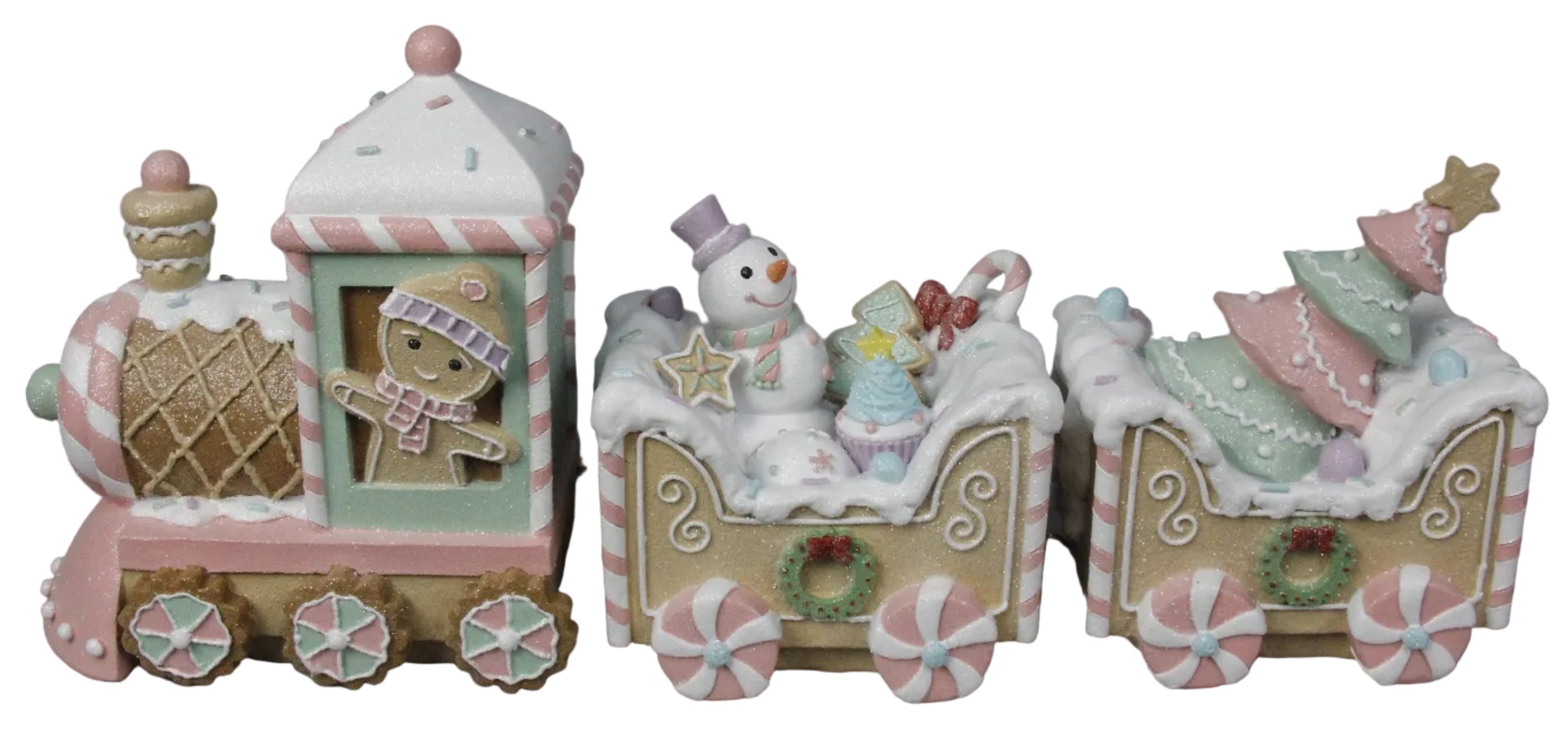 A decorative gingerbread train ornament featuring a snowman designing a train, with candy cane and Christmas-themed accessories.