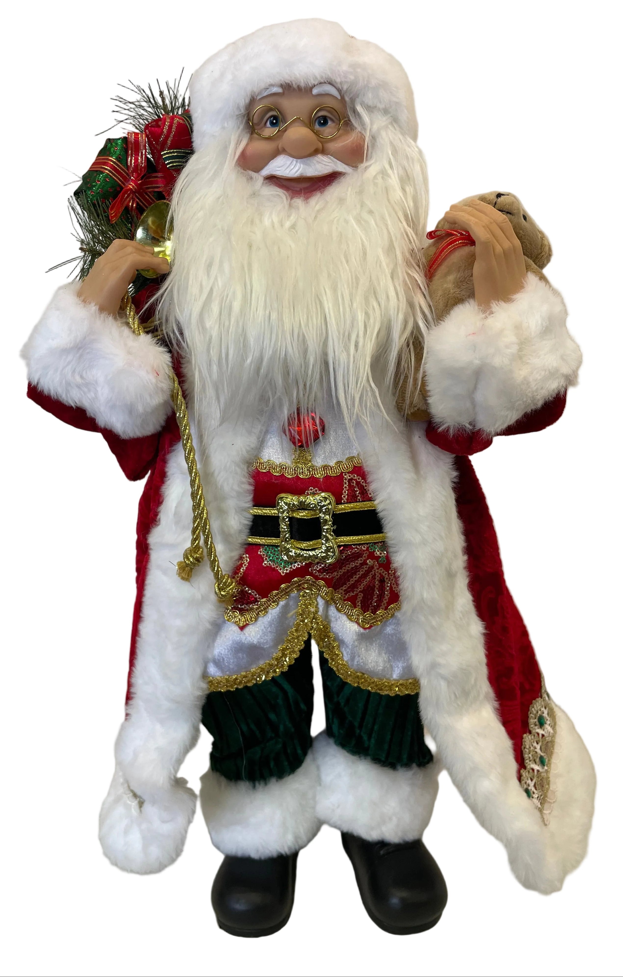 A Santa Claus Christmas decoration figure with a long white beard, red and white suit, green stockings, and black boots, holding a gift sack and a small teddy bear