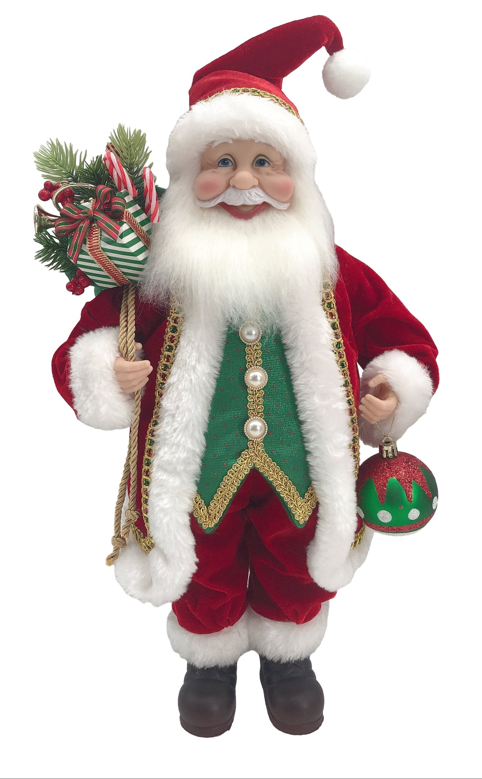 A 40cm tall figurine of Santa Claus wearing a red and green suit, holding a Christmas tree ornament and a bundle of decorations.