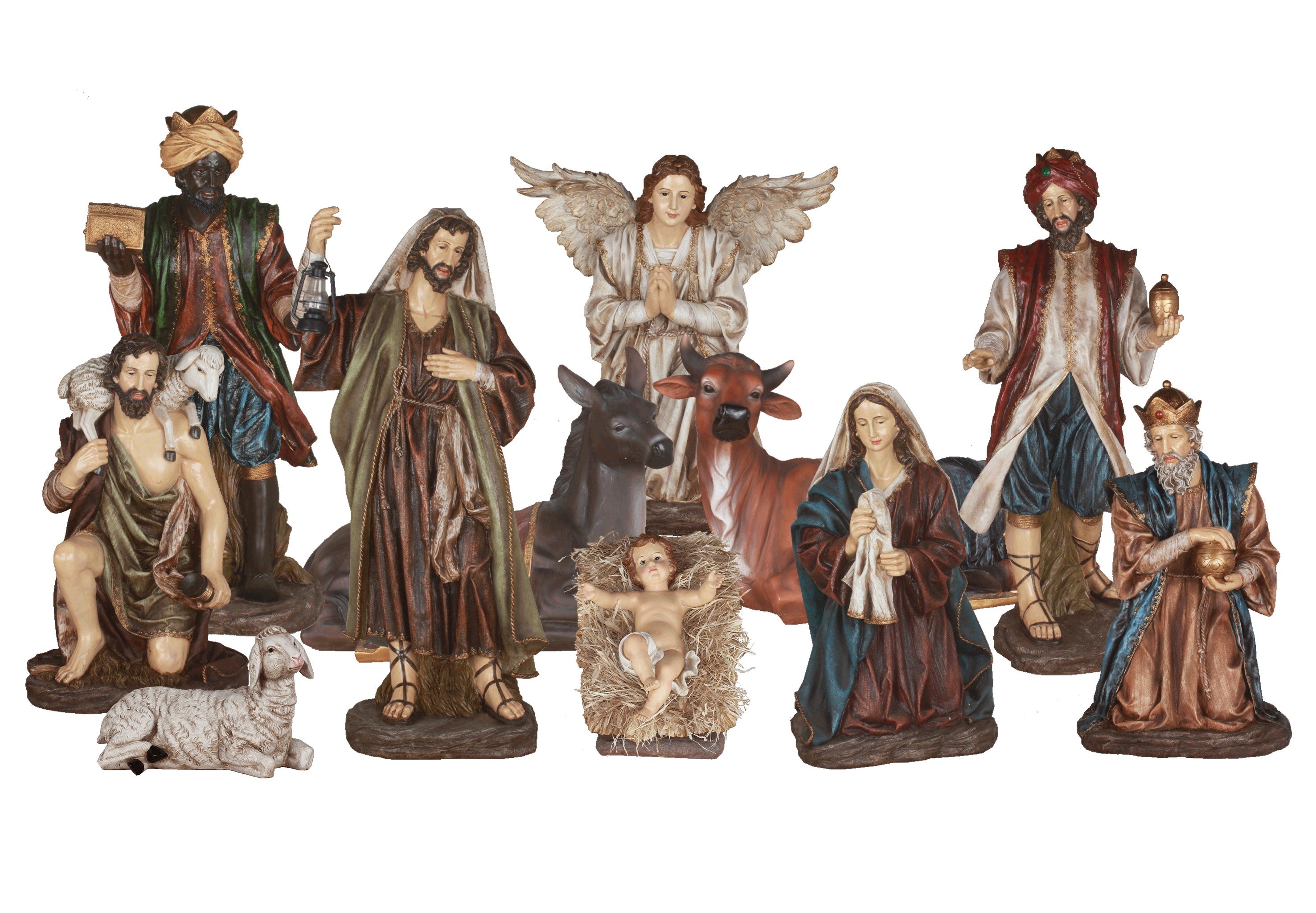 A set of hand-painted resin nativity figurines arranged together on a plain white background. The collection includes the Three Wise Men, a shepherd, Mary, Joseph, baby Jesus in a manger, an angel, and various animals such as a donkey, cow, sheep