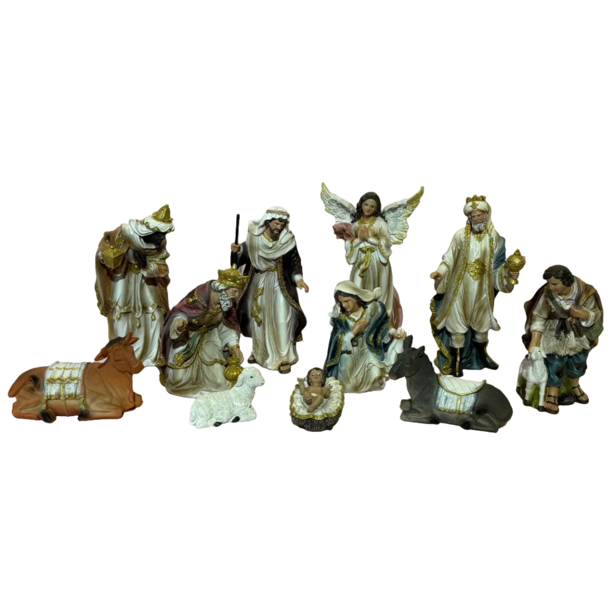 A eleven-piece ceramic Christmas nativity set. The set includes figurines of the three wise men, an angel, Mary, Joseph, baby Jesus, a shepherd, a donkey, a cow, and a small white sheep.