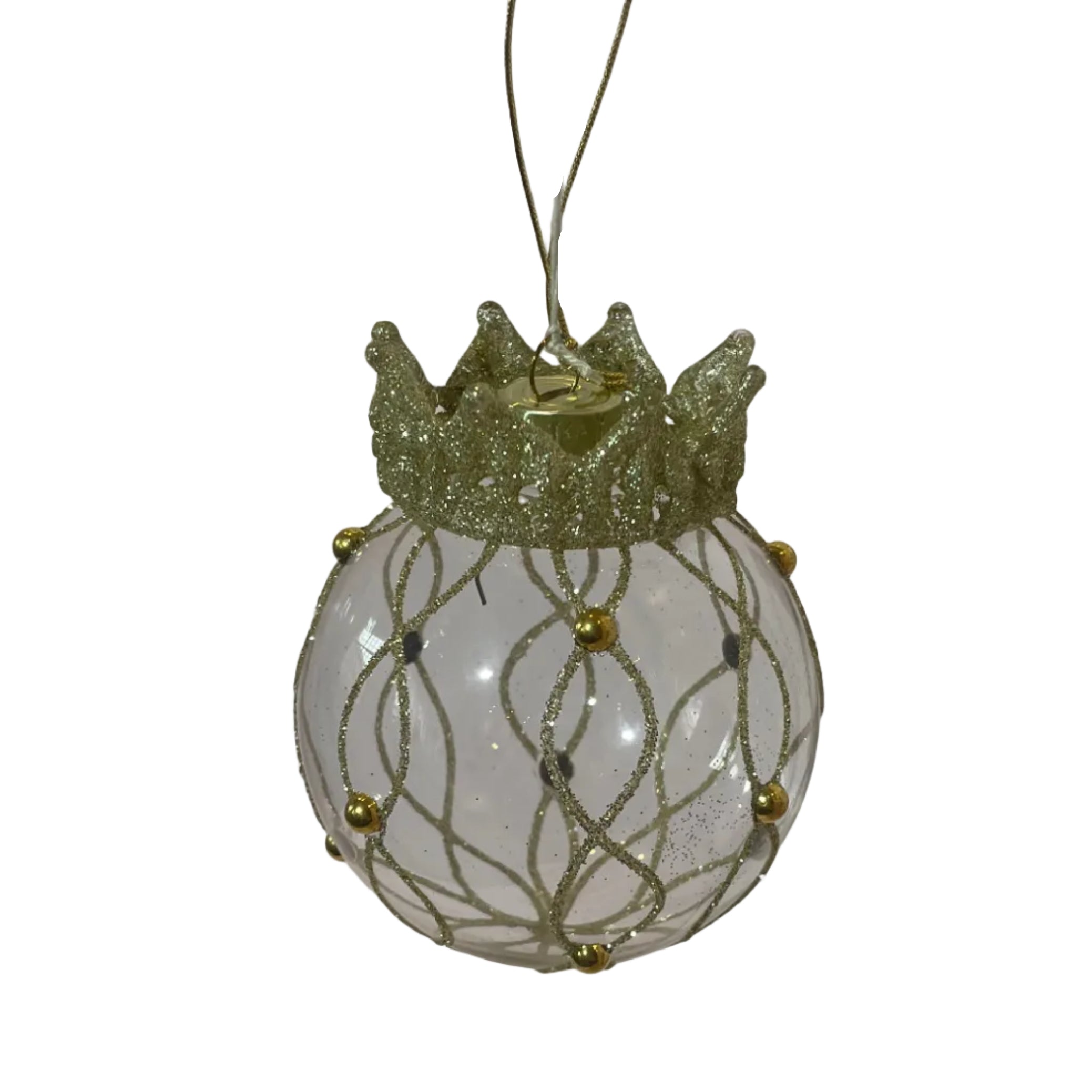 A clear glass Christmas ornament with a gold glitter crown and glitter gold details