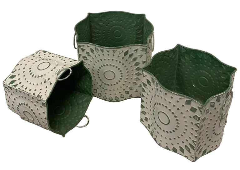 S/3 GREEN METAL FLOWER BAGS