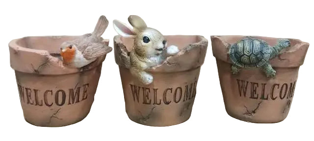 S/3 RABBIT/TORT/BIRD IN FLOWER POT