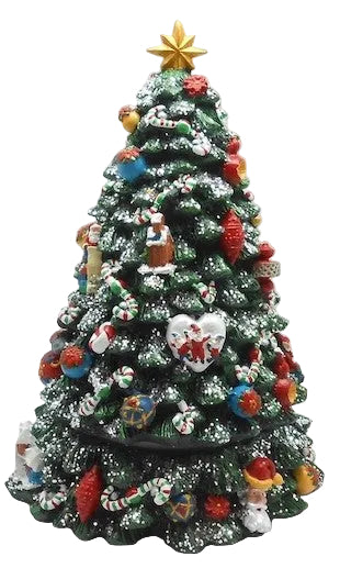 A 10 inch revolving Christmas tree ornament decorated with multicolored bulbs, a golden star on top, and assorted festive decorations.