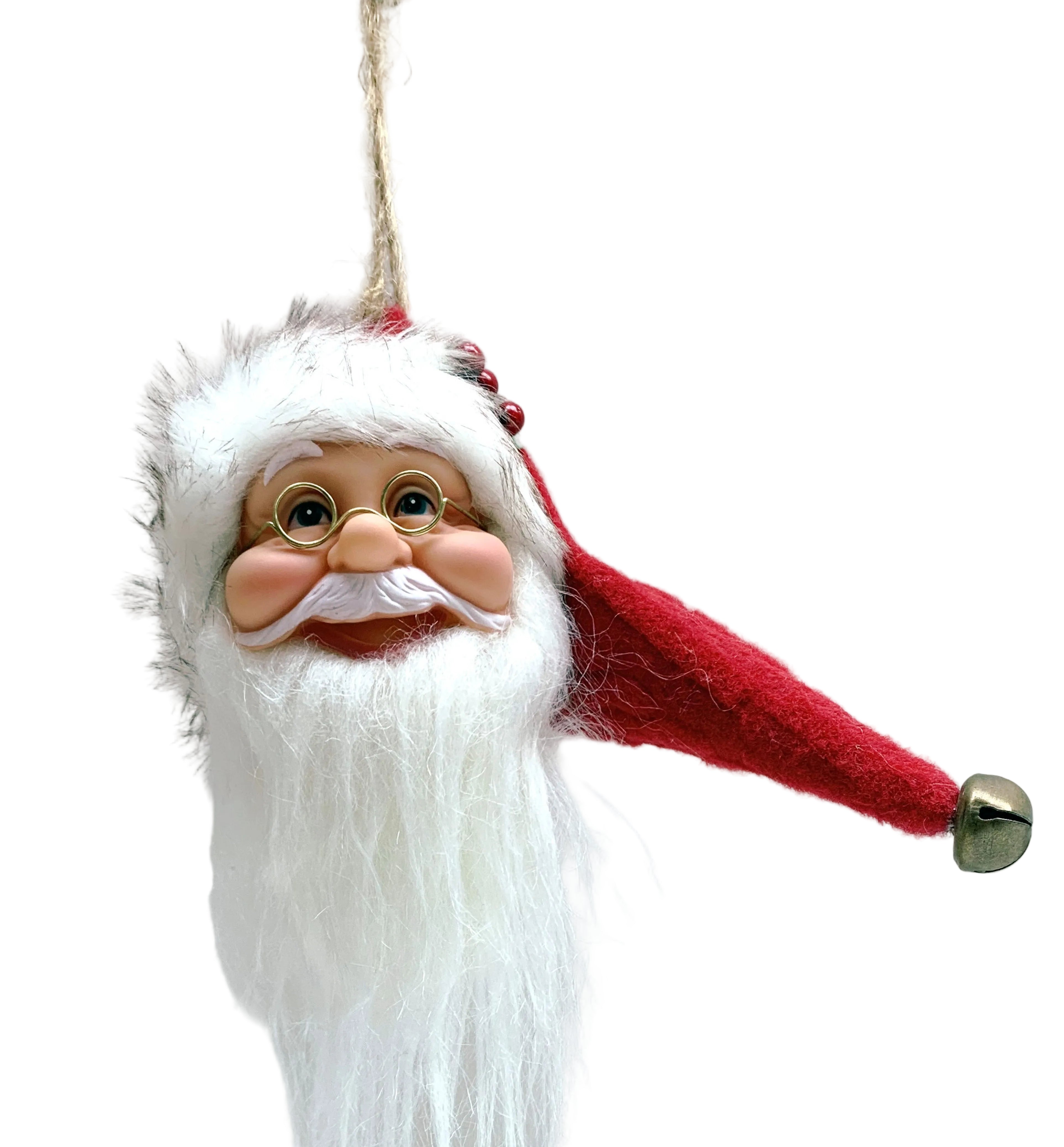 A 18cm hanging Santa head ornament with a white beard, red hat, and a bell on the end of the hat.