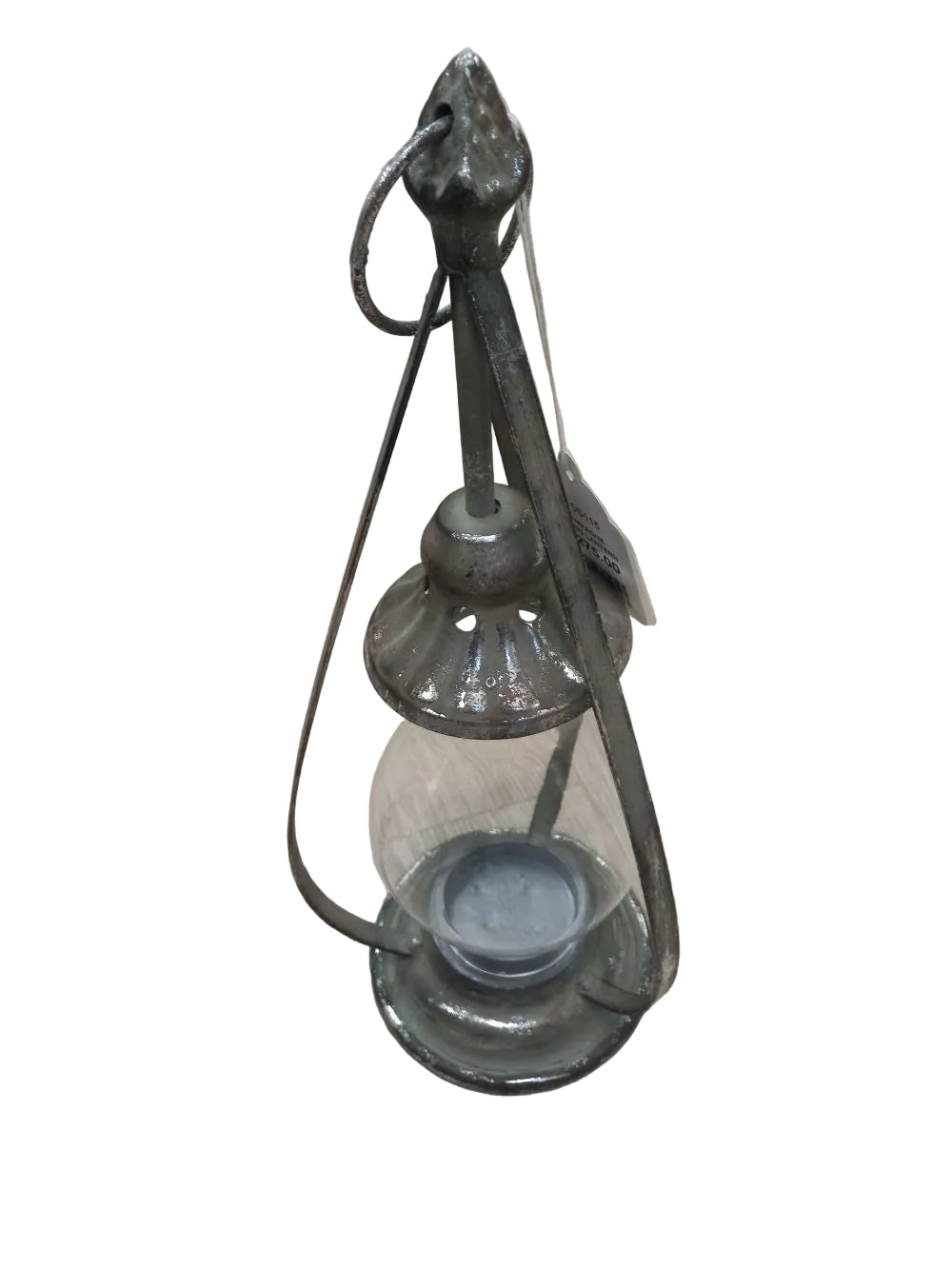 A hanging lantern with a glass base and metal framework, featuring a champagne bottle cage.