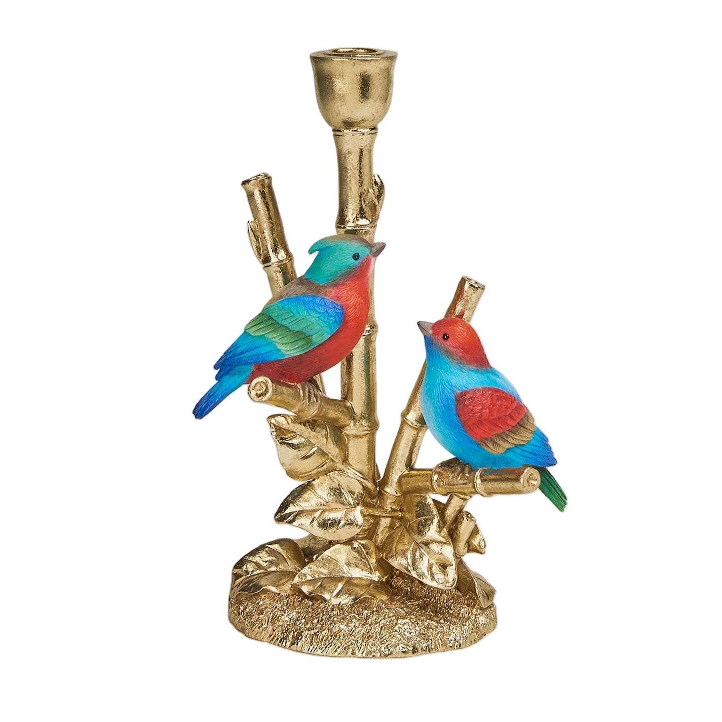 A two-part image showing a gold-colored metal candle holder in the shape of a seagull perched on an anchor, and a separate image of a gold-colored metal candle holder in the shape of a bird perched on a sword.