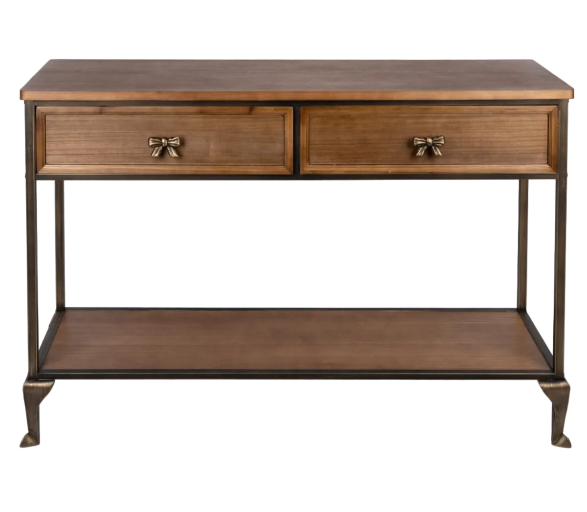 BROWN WOOD CONSOLE WITH BOWS
