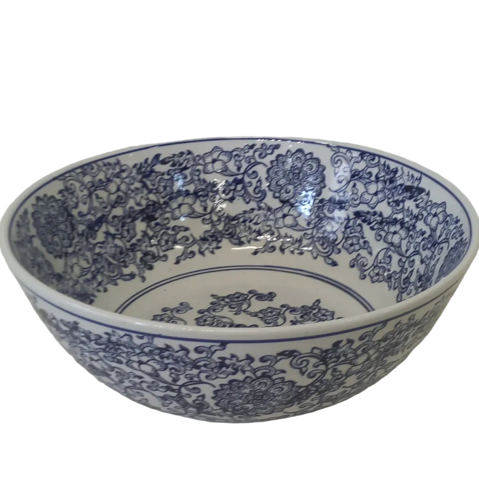 A 14-inch open ceramic bowl with a blue floral pattern on a white background.