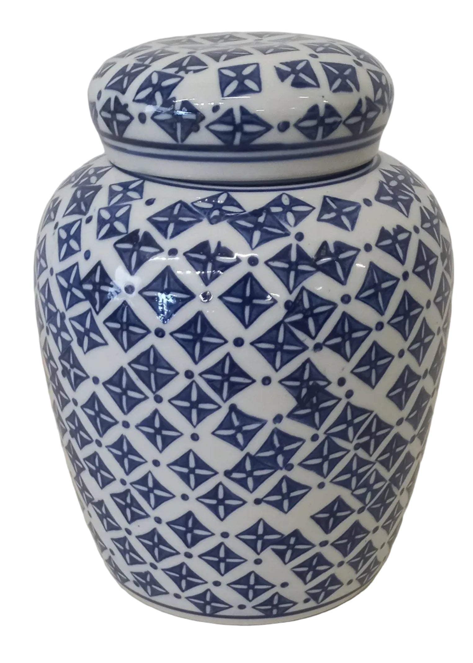 A 10 inch ceramic biscuit jar with a blue and white geometric pattern and a lid with a matching design.