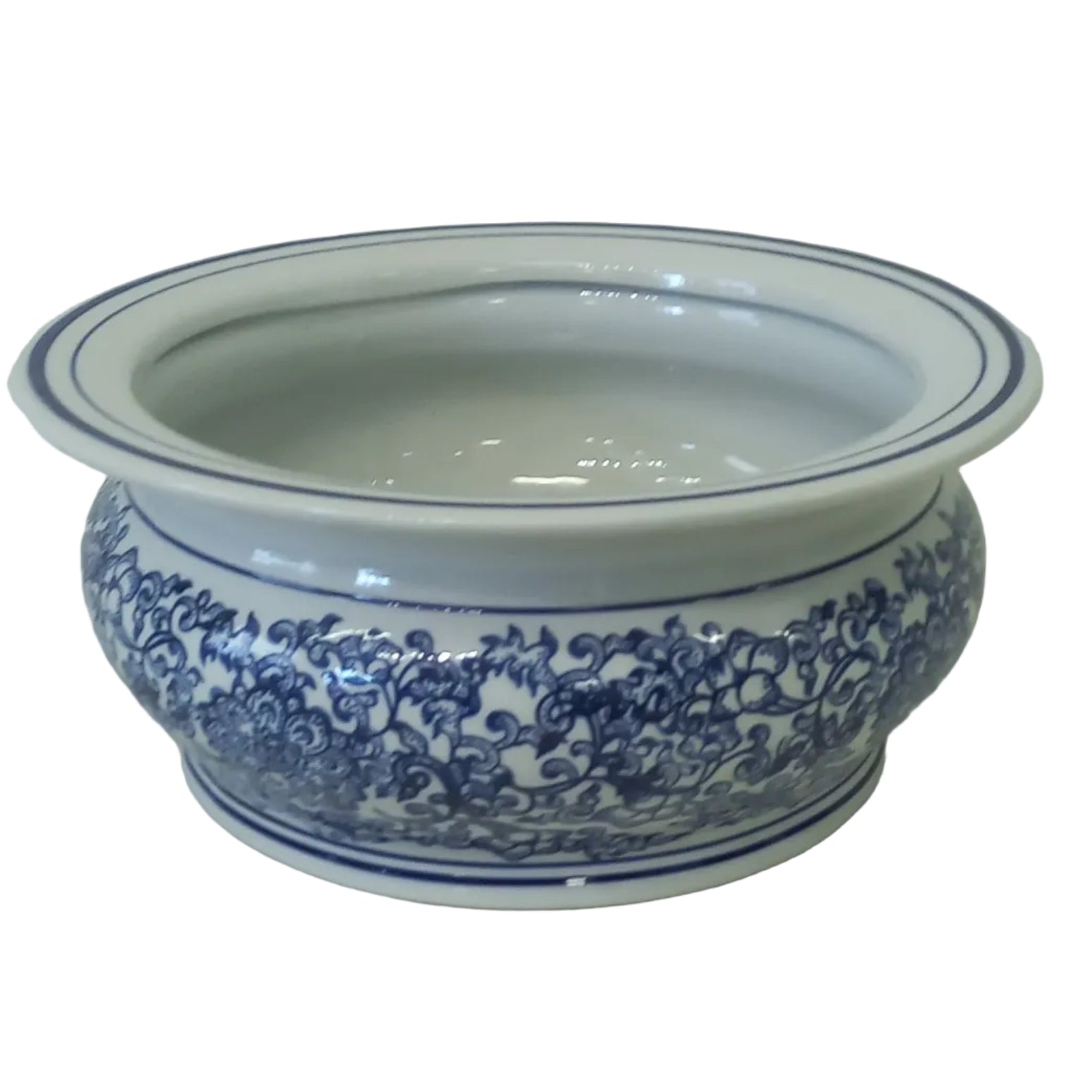 A 13 inch / 33cm round ceramic dish with a lip, featuring a blue floral pattern on a white background.