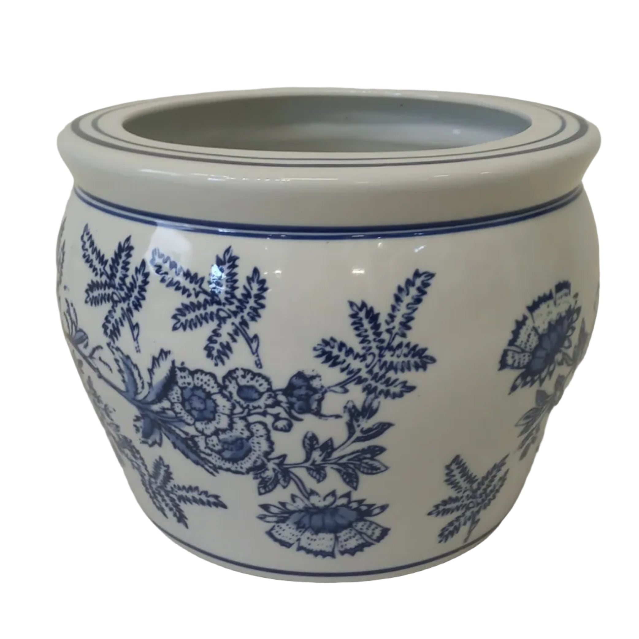 A 10 inch / 25cm ceramic fish bowl with a blue floral pattern on the inside and a white exterior.