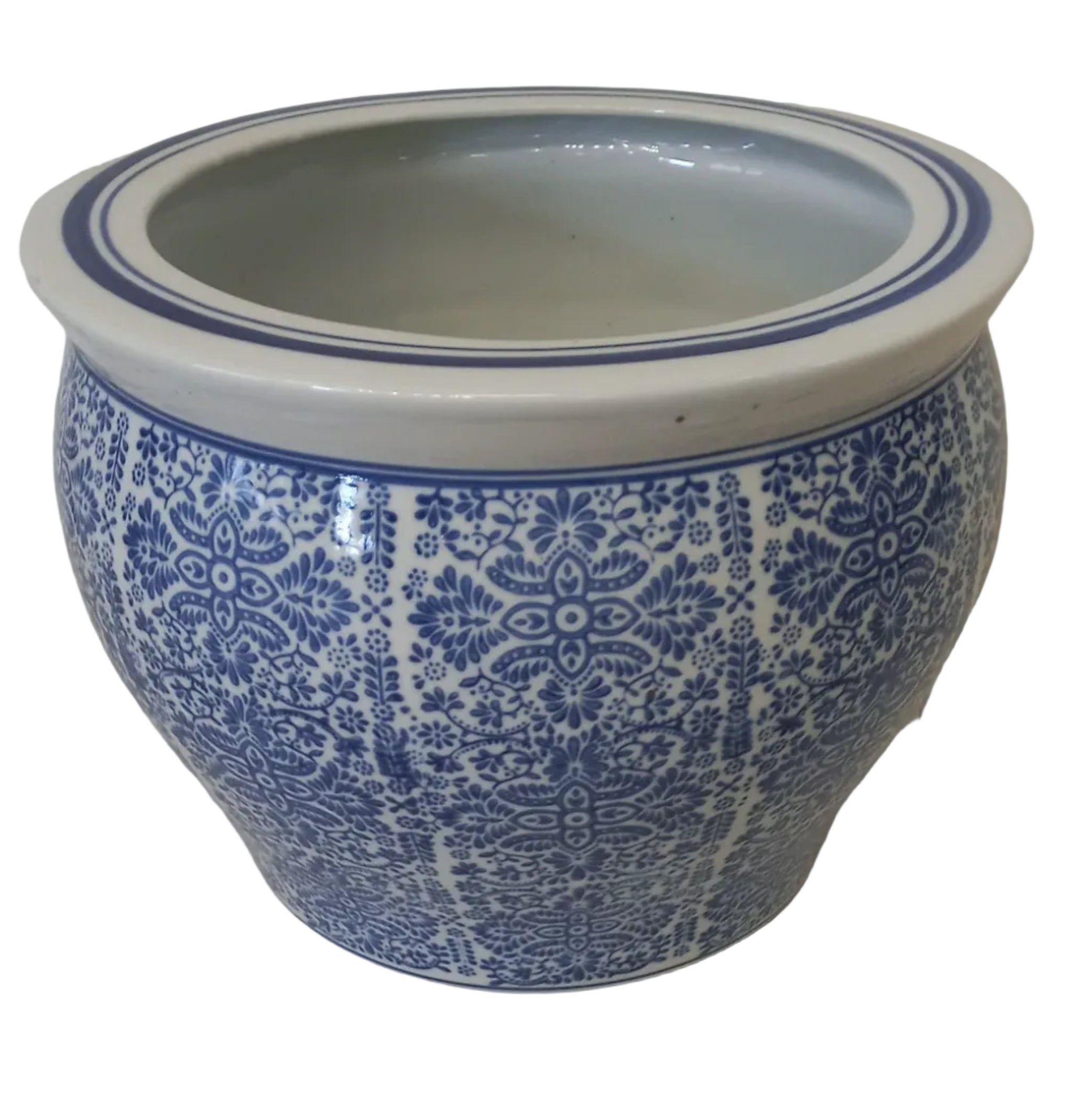 A 14 inch round ceramic fish bowl with blue and white colors and floral patterns.