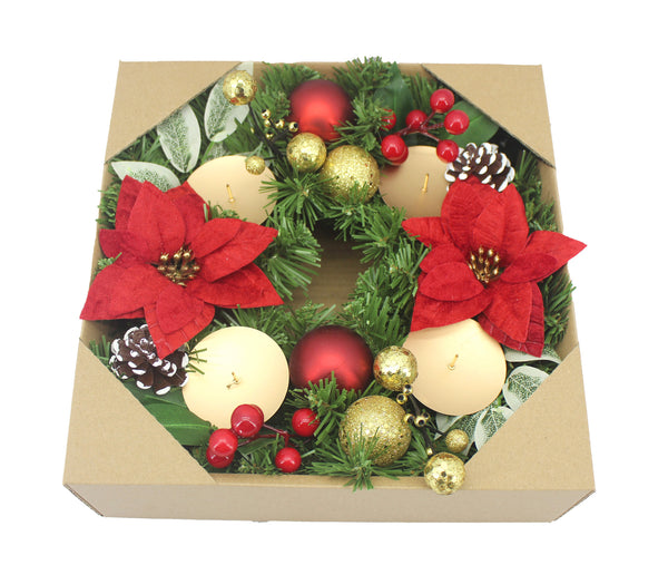 40CM RED POINS CANDLE RING W LIGHTS