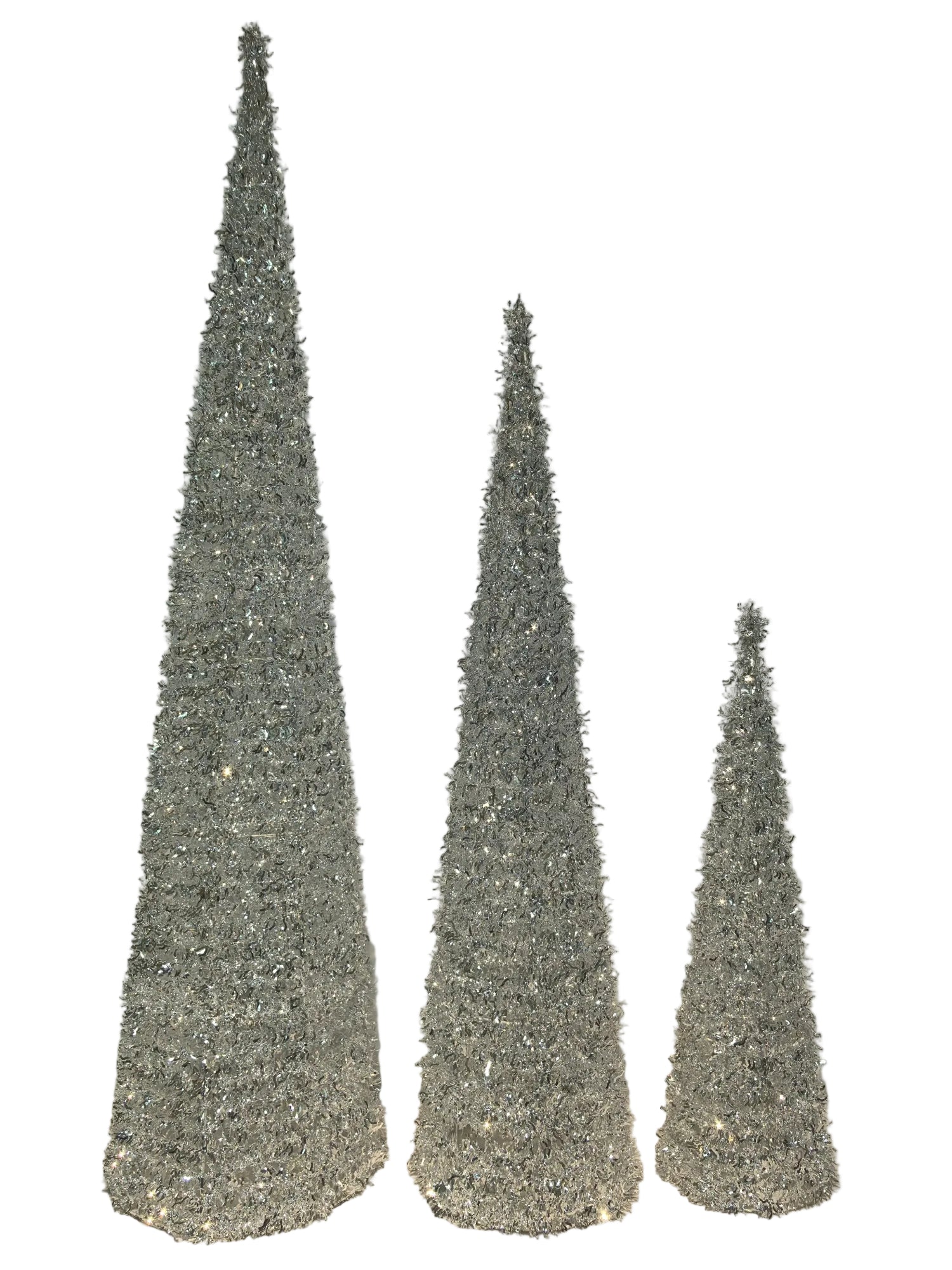 Set of three silver cone-shaped decorative trees on a neutral background