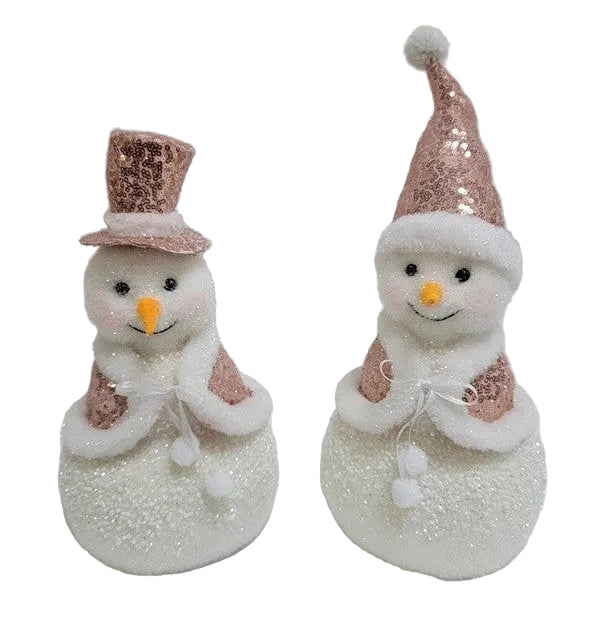 Two pink glitter snowman ornaments with glittery hats and white fur trim.