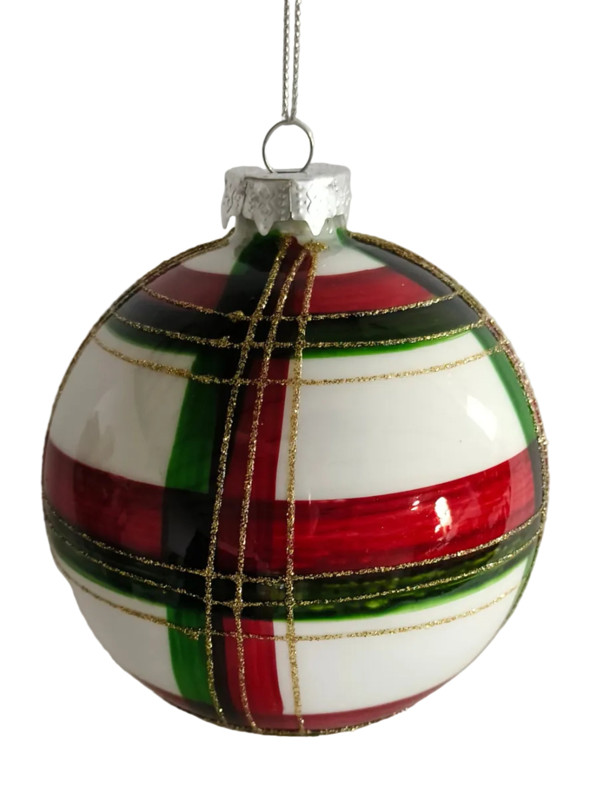 S/2 GREEN RED WHITE GLASS BALLS 10CM