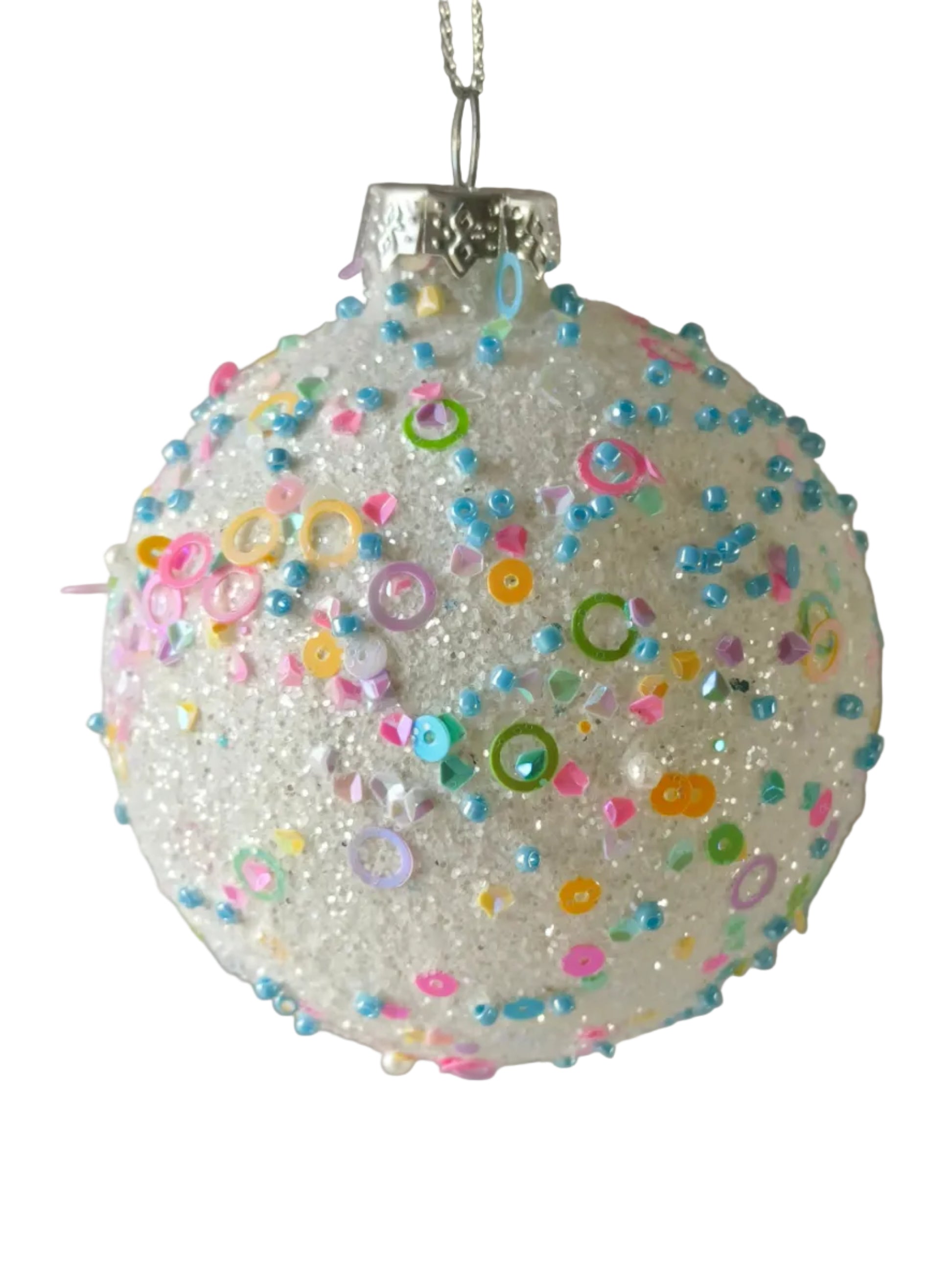 S/4 WHITE GLASS BALLS WITH SEQUINS 8CM