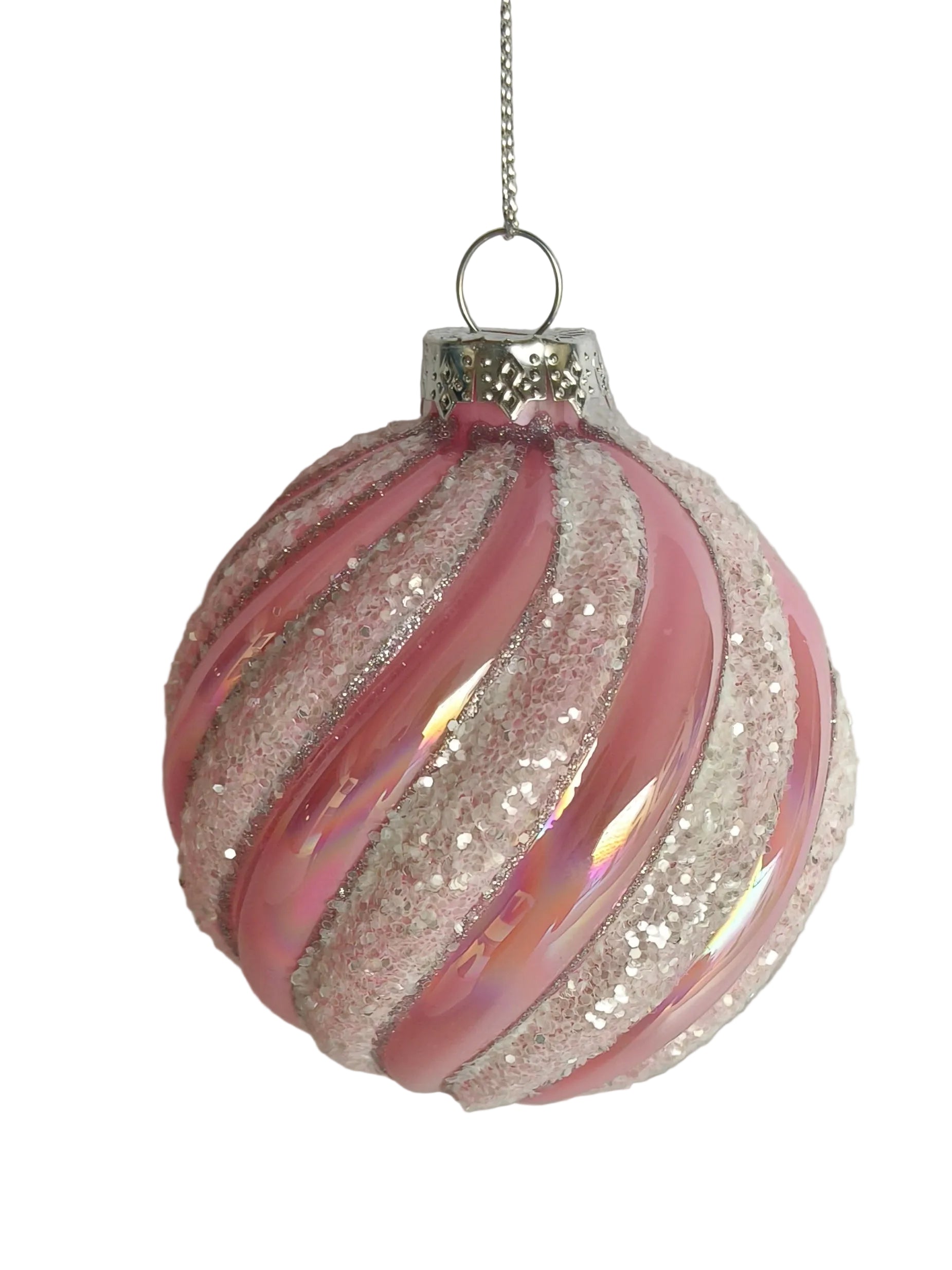S/4 PINK WHITE TWIRL GLASS BALLS 8CM