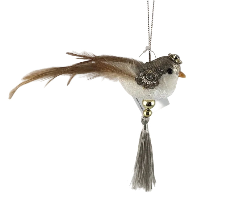A decorative hanging bird ornament with champagne-colored feathers.