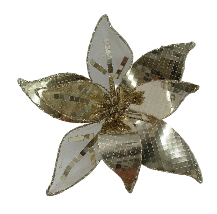 A gold glitter and mirrored sequin flower-shaped decorative ornament.