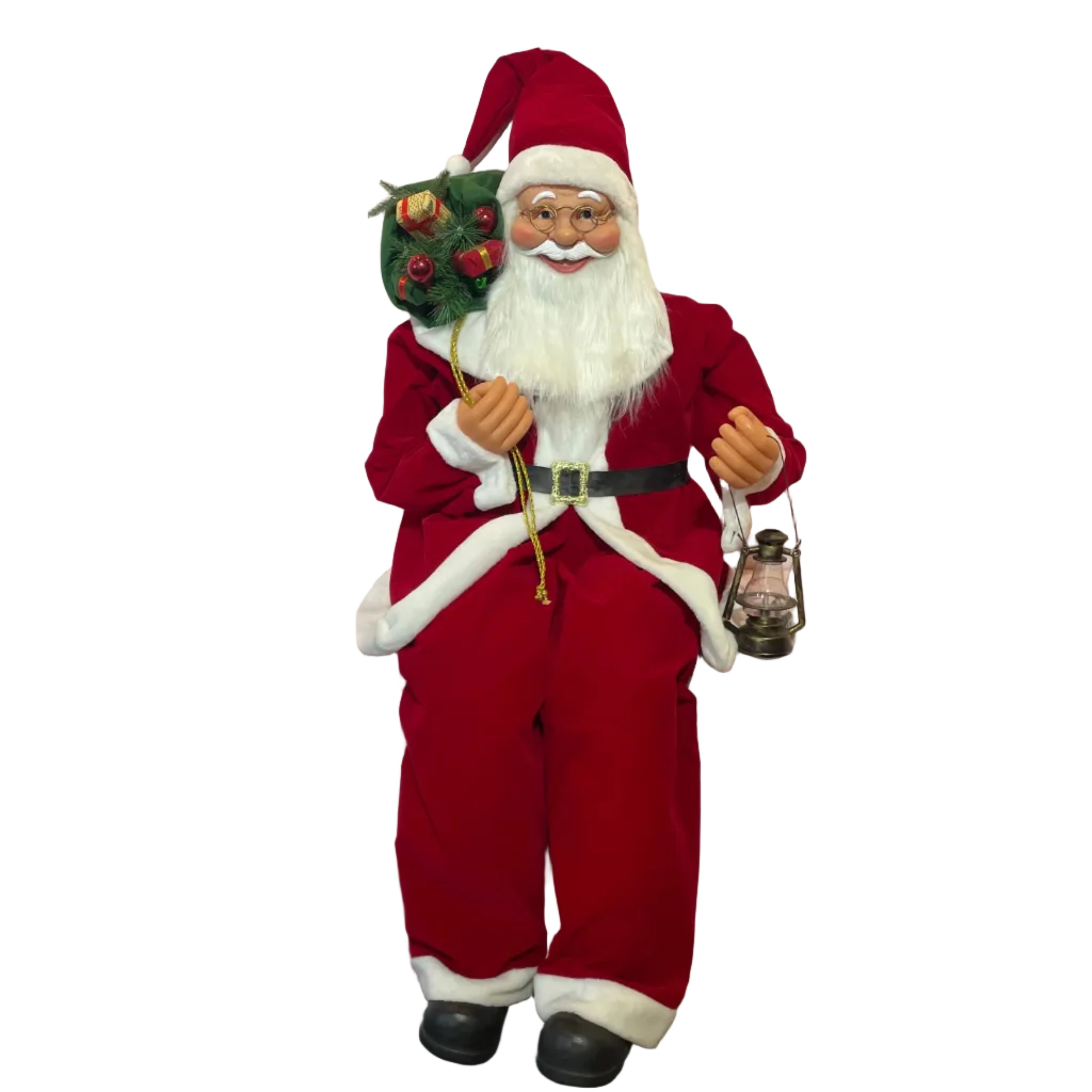 A Santa Claus holiday decoration seated wearing a red suit with white trim and holding a present sack and lantern.