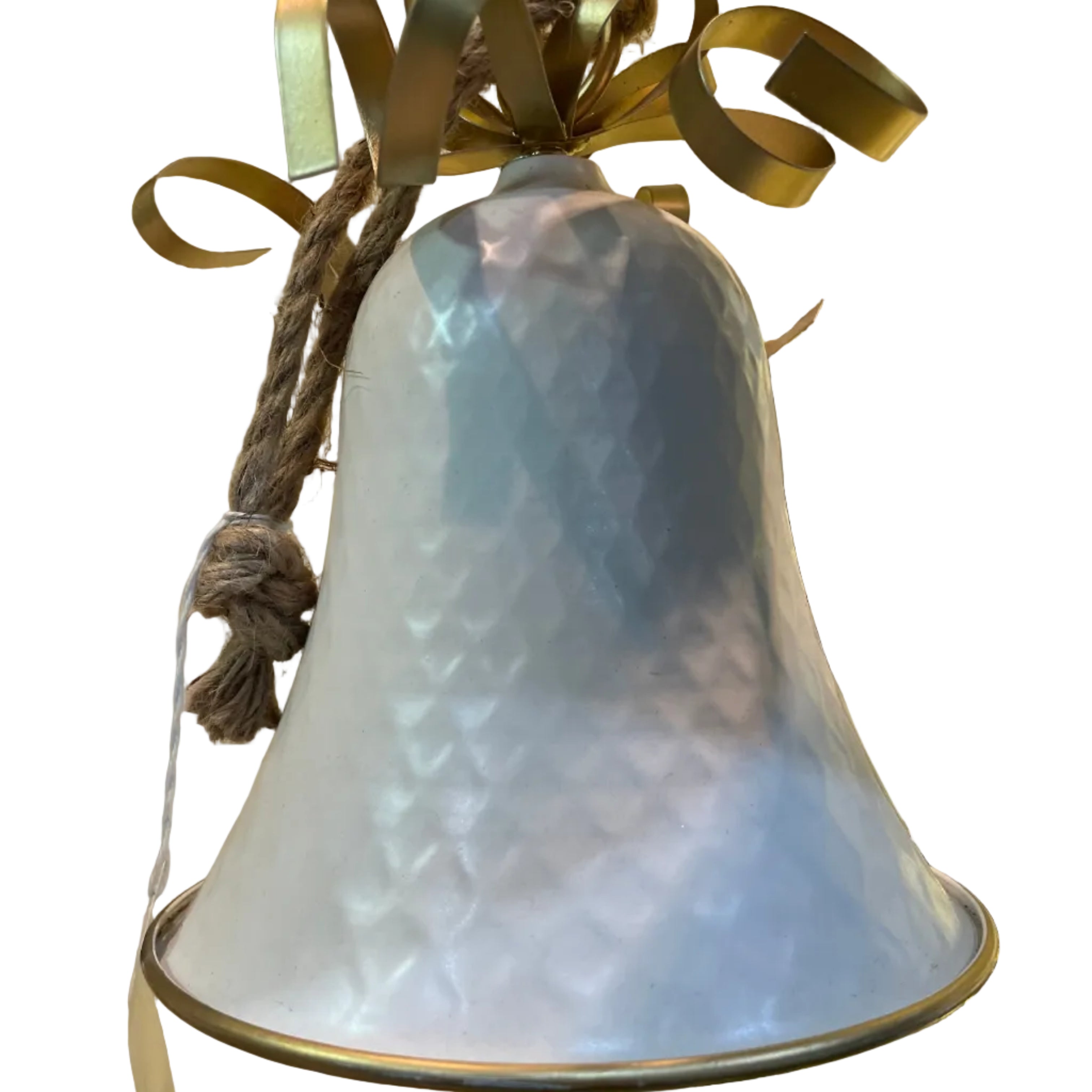 A metal textured white Christmas bell ornament with a gold metal rim, decorated with a gold ribbon bow and a rope tag