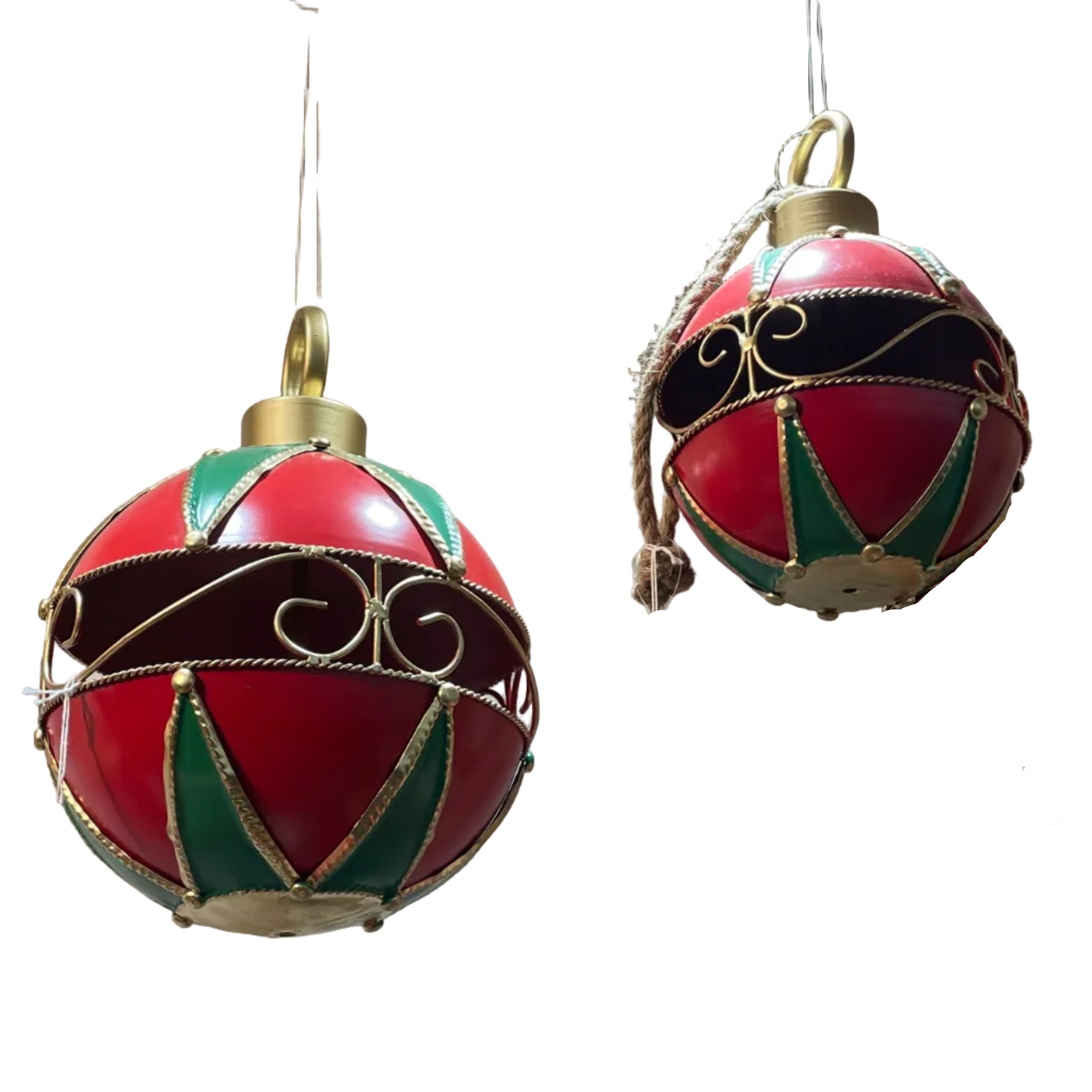 Red, green, and black Christmas hanging ball with gold trim, suspended with a scroll design in the centre of ball.